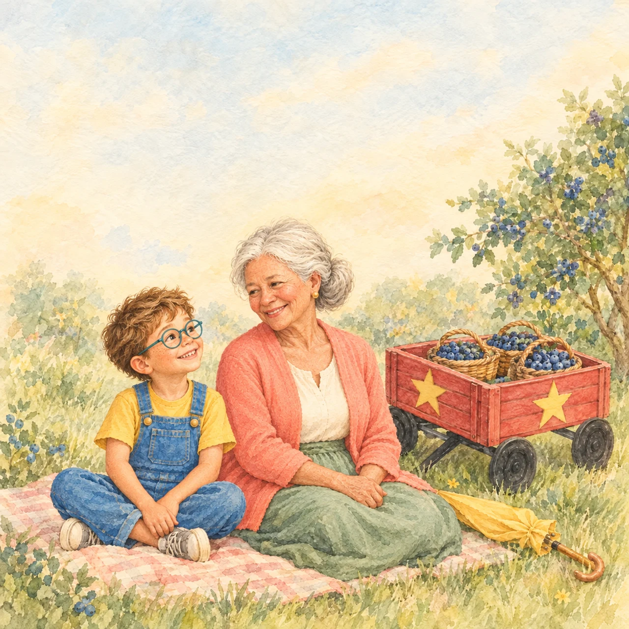 Milo, wearing teal glasses and denim overalls, sits with Grandma Bea beside a red wagon holding three baskets of blueberries.