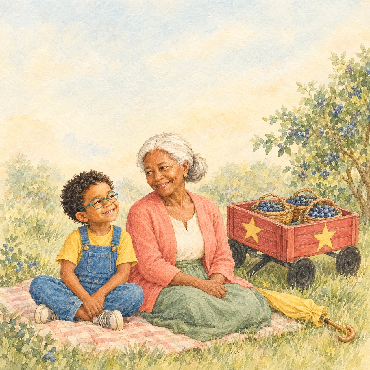 Milo, wearing teal glasses and denim overalls, sits with Grandma Bea beside a red wagon holding three baskets of blueberries.