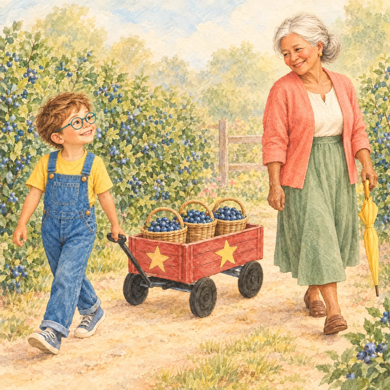 Fictional child Milo and Grandma Bea with their blueberry wagon, illustrated in watercolor
