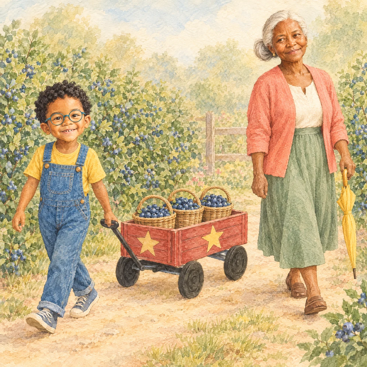 Milo pulls the red star wagon with three blueberry baskets along a garden path. Grandma Bea walks beside him holding a closed yellow umbrella.