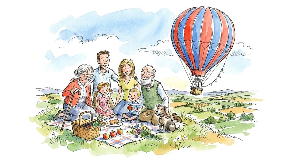 Hand-drawn Ink & Wash sample illustration: the same family scene rendered in this style