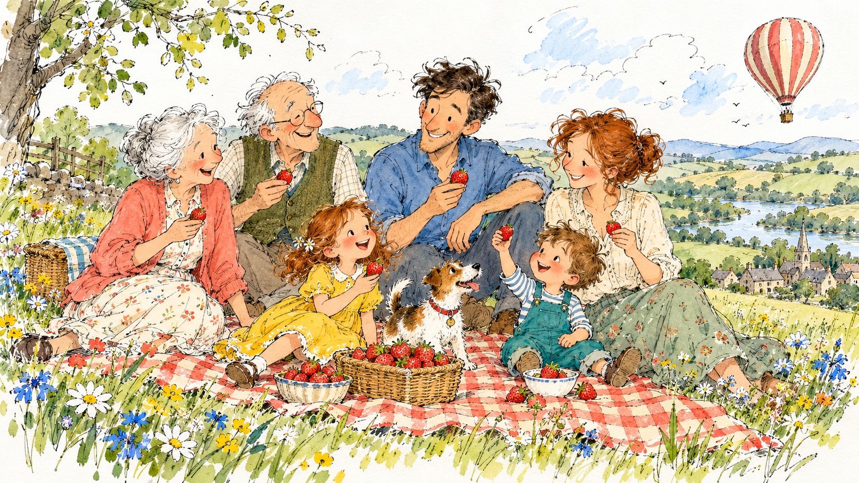 Playful Pen & Ink sample illustration: the same fictional family scene rendered in this style