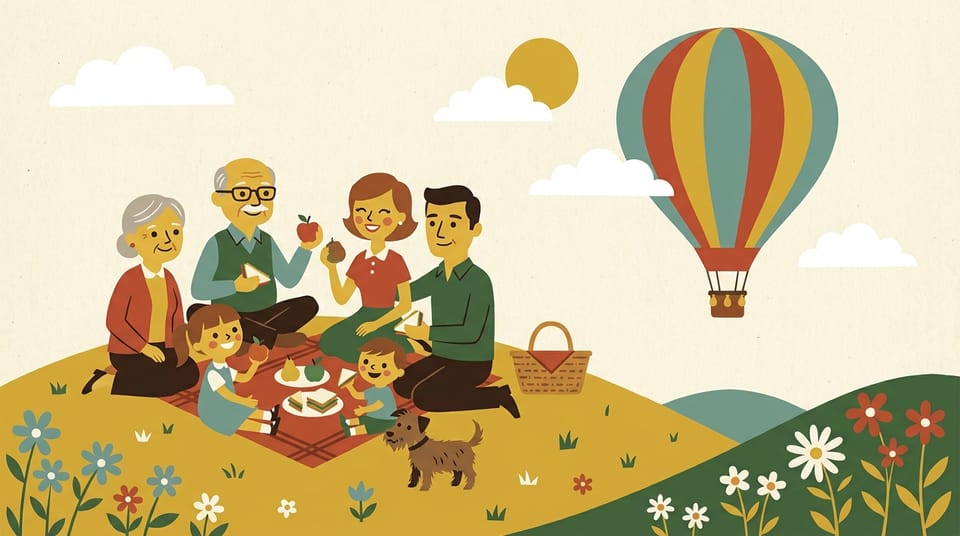 Classic Mid-century Flat sample illustration: the same family scene rendered in this style