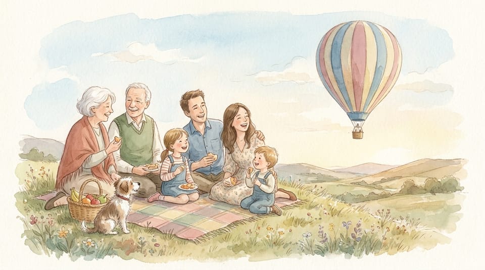 A fictional family picnic with grandparents, children, and their dog, illustrated in soft watercolor