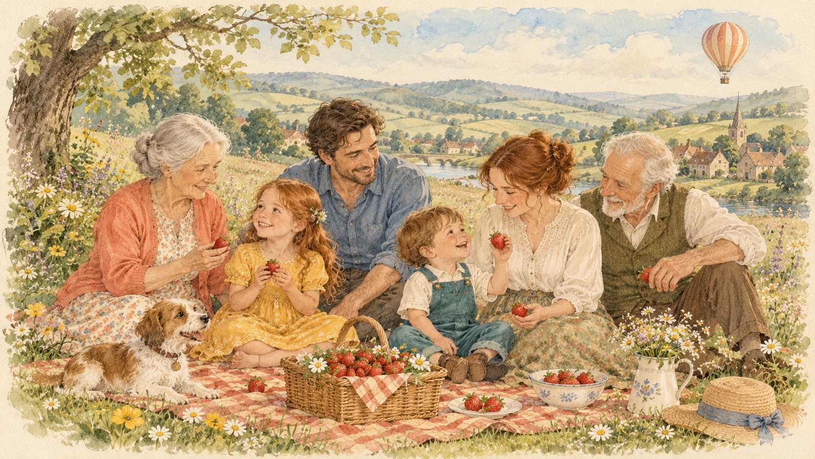 A fictional family shares a picnic with grandparents and a dog while a striped balloon floats above the hills.